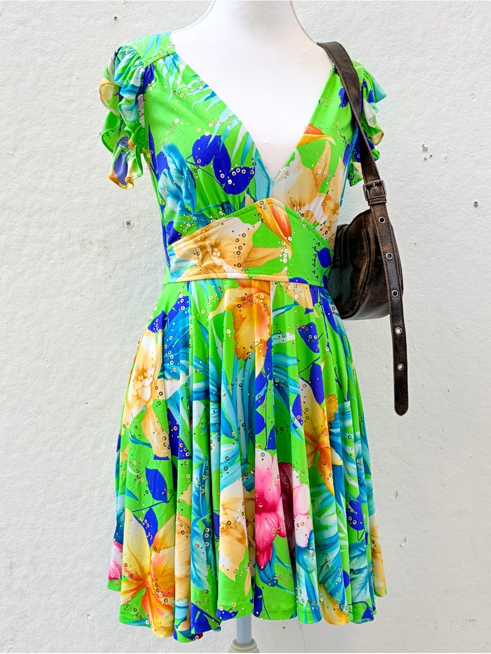 Vintage Green Hawaiian Floral Sparkle Dress